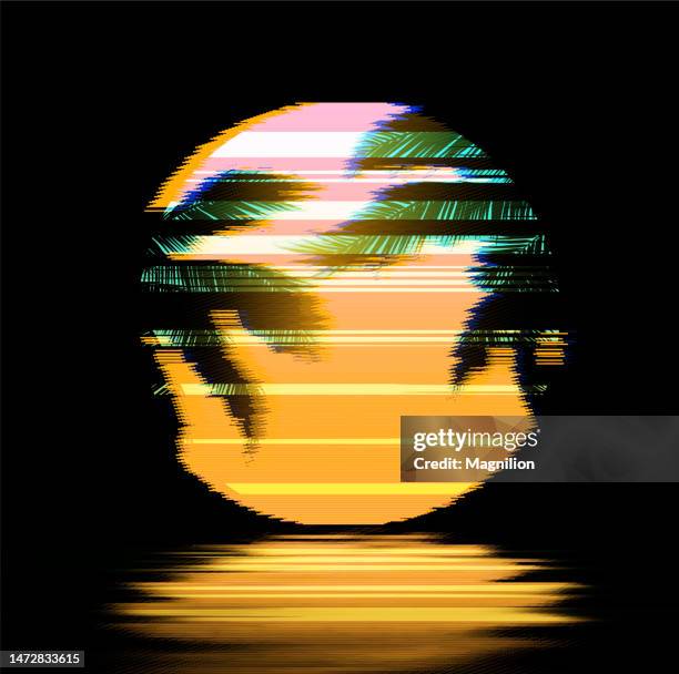 glitch art sunset with palm trees, orange sun or moon over the water. synthwave retrowave art - 90s tv set stock illustrations