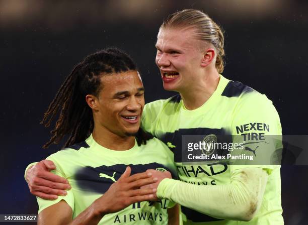 Erling Haaland celebrates with Nathan Ake of Manchester City after the team's victory during the Premier League match between Crystal Palace and...