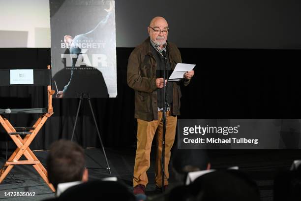 Alan Heim speaks at the 23rd annual Invisible Art/Visible Artists panel presented by American Cinema Editors at Regal Sherman Oaks Galleria on March...