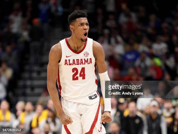 Brandon Miller of the Alabama Crimson Tide reacts during the second half against the Missouri Tigers during the SEC Basketball Tournament Semifinals...