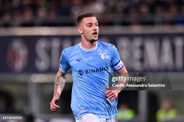 Sergej Milinkovic-Savic of SS Lazio looks on during the Serie A match between Bologna FC and SS Lazio at Stadio Renato Dall'Ara on March 11, 2023 in...