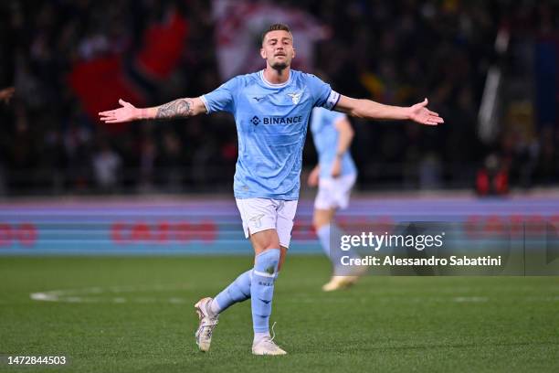 Sergej Milinkovic-Savic of SS Lazio gestures during the Serie A match between Bologna FC and SS Lazio at Stadio Renato Dall'Ara on March 11, 2023 in...