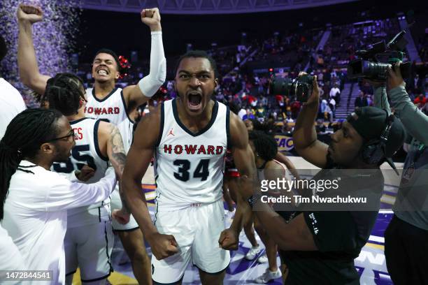 Bryce Harris of the Howard Bison reacts after defeating the Norfolk State Spartans to win the 2023 MEAC Men's Basketball Tournament Championship at...