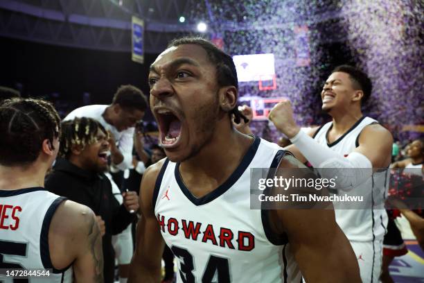 Bryce Harris of the Howard Bison reacts after defeating the Norfolk State Spartans to win the 2023 MEAC Men's Basketball Tournament Championship at...