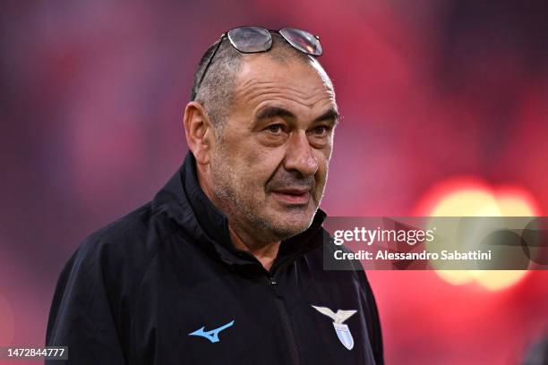 Maurizio Sarri, Head Coach of SS Lazio, looks on during the Serie A match between Bologna FC and SS Lazio at Stadio Renato Dall'Ara on March 11, 2023...