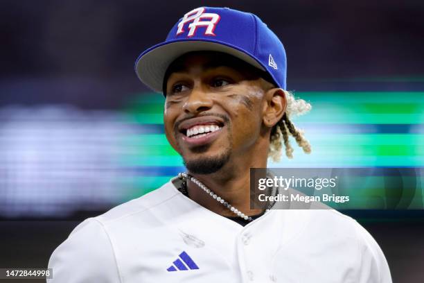 Francisco Lindor of Team Puerto Rico looks on during the eighth inning against Team Nicaragua at loanDepot park on March 11, 2023 in Miami, Florida.