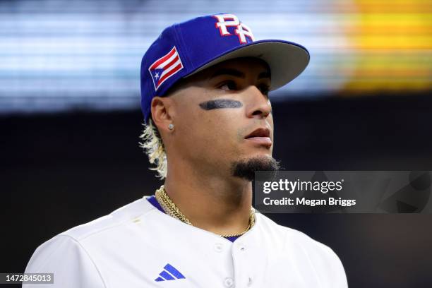 Javier Baez of Team Puerto Rico looks on during the eighth inning against Team Nicaragua at loanDepot park on March 11, 2023 in Miami, Florida.