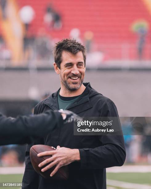 Quarterback Aaron Rodgers at Celebrity Flag Football Charity Event at Saddleback College on March 11, 2023 in Orange County, CA.