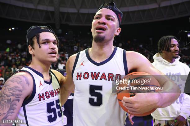 Freedom Rhames and Jelani Williams of the Howard Bison react after winning the 2023 MEAC Men's Basketball Tournament Championship against the Norfolk...