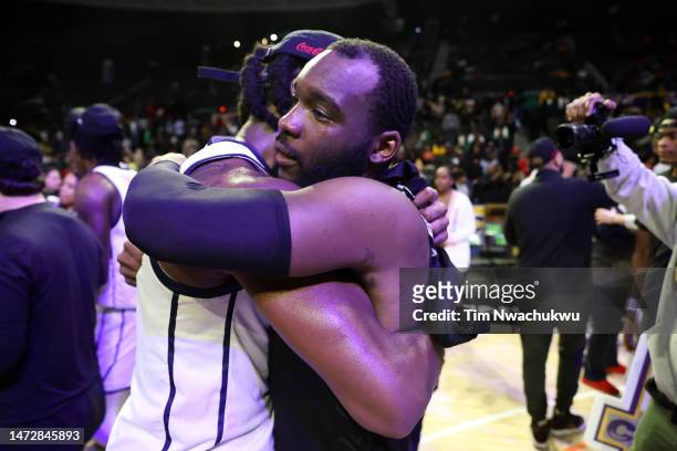 Shy Odom of the Howard Bison and Joe Bryant Jr. #4 of the Norfolk State Spartans greet after the 2023 MEAC Men's Basketball Tournament Championship...