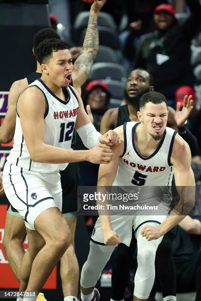 Kobe Dickson and Jelani Williams of the Howard Bison react during the second half against the Norfolk State Spartans during the 2023 MEAC Men's...