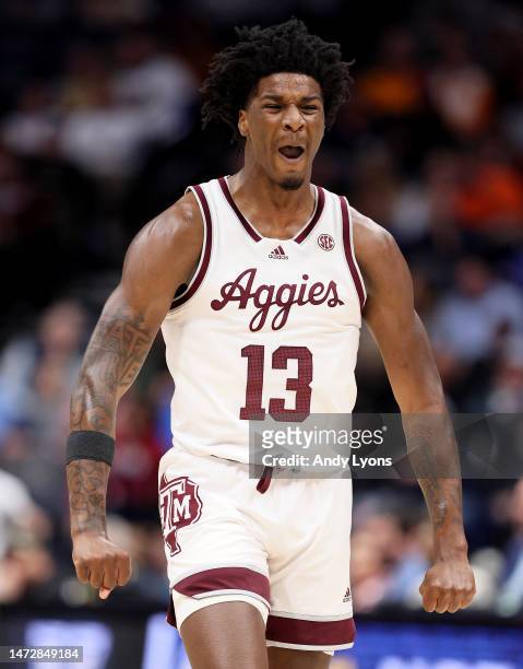 Solomon Washington of the Texas A&M Aggies reacts during the first half of the SEC Basketball Tournament Semifinals against the Vanderbilt Commodores...