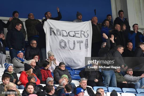 Leicester fans hold a banner referring Leicester City manager Brendan Rodgers during the Premier League match between Leicester City and Chelsea FC...