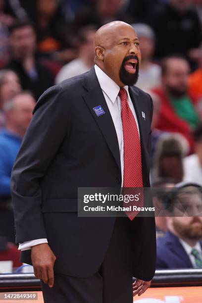 Head coach Mike Woodson of the Indiana Hoosiers reacts against the Penn State Nittany Lions during the first half in the semifinals of the Big Ten...