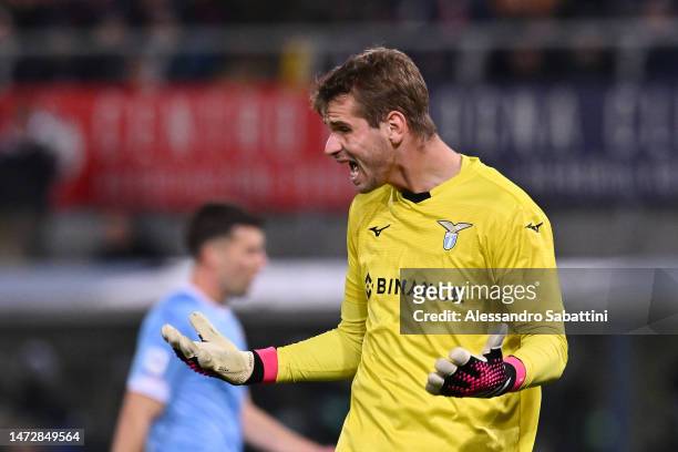Ivan Provedel of SS Lazio reacts during the Serie A match between Bologna FC and SS Lazio at Stadio Renato Dall'Ara on March 11, 2023 in Bologna,...