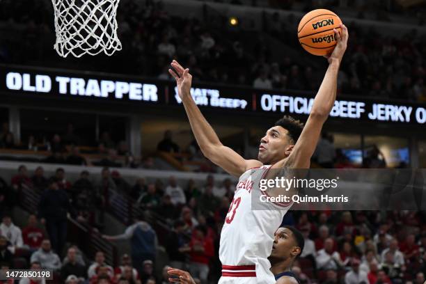 Trayce Jackson-Davis of the Indiana Hoosiers goes up to dunk against the Penn State Nittany Lions during the first half in the semifinals of the Big...