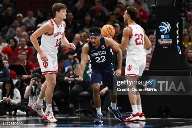 Jalen Pickett of the Penn State Nittany Lions reacts after scoring against the Indiana Hoosiers during the first half in the semifinals of the Big...