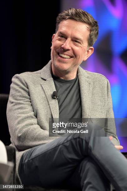 Ed Helms speaks onstage at the Featured Session: "More Than a Joke: The Road from Sitcom Success to iHeartPodcasts Powerhouse" during the 2023 SXSW...