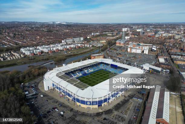 An aerial view of the King Power Stadium before the Premier League match between Leicester City and Chelsea FC on March 11, 2023 in Leicester,...