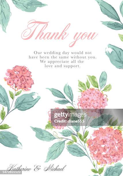 ilustrações de stock, clip art, desenhos animados e ícones de pink watercolor hydrangea  flowers wedding thank you card template - rsvp