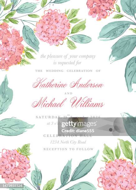 rosa aquarell hortensie blumen hochzeitseinladung vorlage - hochzeitseinladung stock-grafiken, -clipart, -cartoons und -symbole
