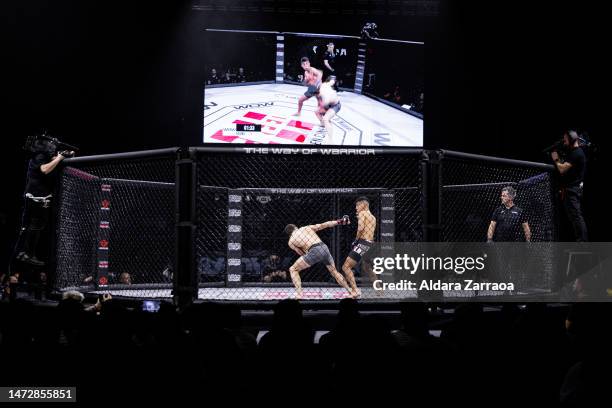 Adam el Bakali and Alejandro Sobrino fight during the Mixed Martial Arts competition "WOW 8. El Camino del Guerrero" at Palacio de Vistalegre Arena...