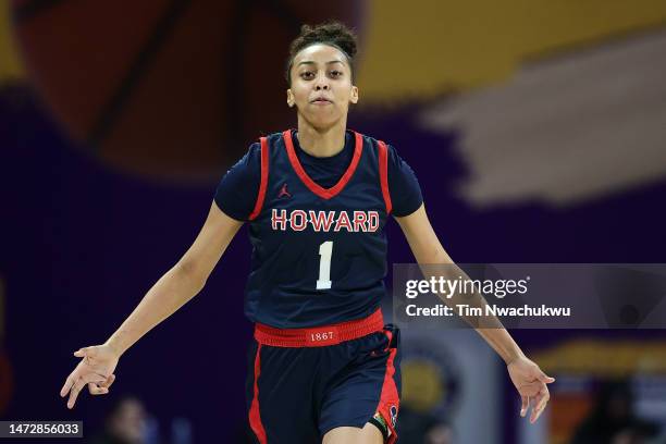 Destiny Howell of the Howard Lady Bison reacts after scoring during the first half against the Norfolk State Spartans during the 2023 MEAC Women's...