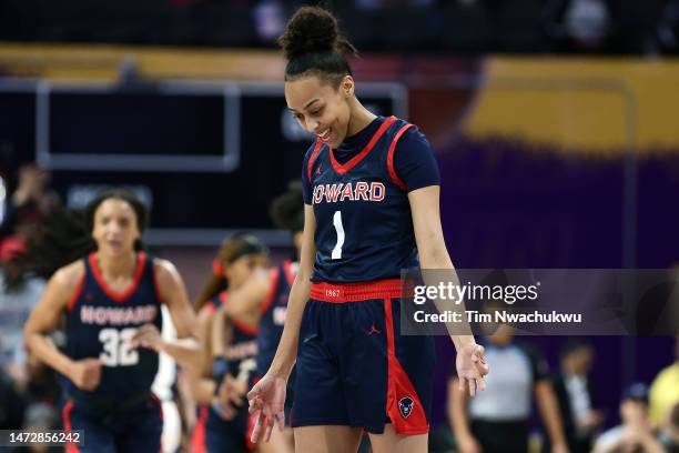 Destiny Howell of the Howard Lady Bison reacts after scoring during the first half against the Norfolk State Spartans during the 2023 MEAC Women's...