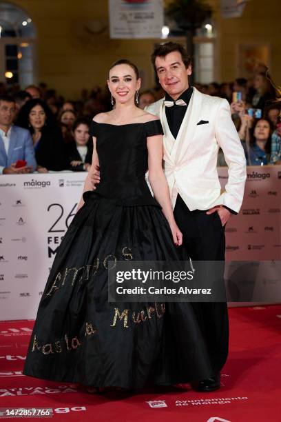 Actress Marta Hazas and Javier Veiga attend the 'Retrospectiva - Malaga Hoy' award photocall at the Cervantes Theater on March 11, 2023 in Malaga,...