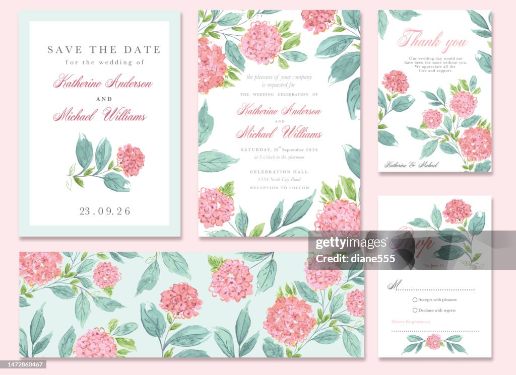 Modello rosa per set di inviti di nozze di fiori di ortensia ad acquerello