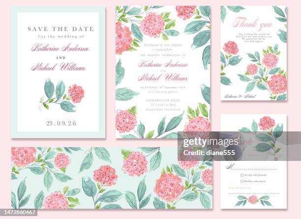 pink watercolor hydrangea flowers wedding  invitation set template - bookmarker stock illustrations