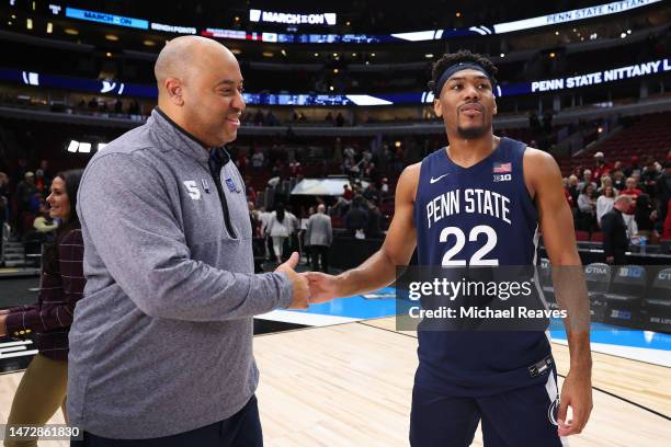 Head coach Micah Shrewsberry of the Penn State Nittany Lions and Jalen Pickett celebrate after defeating the Indiana Hoosiers in the semifinals of...