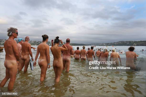 Swimmers take part in the 'Sydney Skinny' on March 12, 2023 in Sydney, Australia. The world's largest annual nude swimming race, the Sydney Skinny,...