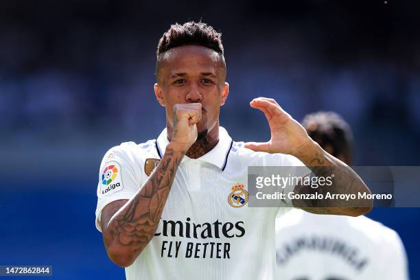 Eder Militao of Real Madrid celebrates after scoring the team's second goal during the LaLiga Santander match between Real Madrid CF and RCD Espanyol...