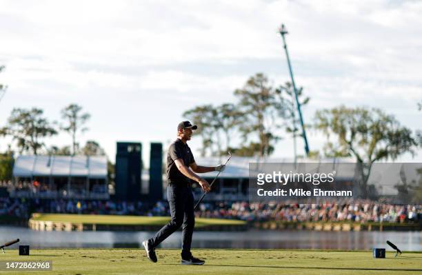 Cameron Davis of Australia reacts after hitting his tee shot on the 17th hole during the third round of THE PLAYERS Championship on THE PLAYERS...
