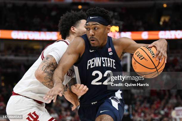 Jalen Pickett of the Penn State Nittany Lions handles the ball against Jalen Hood-Schifino of the Indiana Hoosiers during the second half in the...