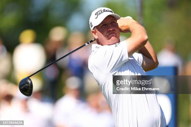 Tom Hoge of the United States hits a tee shot during the third round of THE PLAYERS Championship on THE PLAYERS Stadium Course at TPC Sawgrass on...