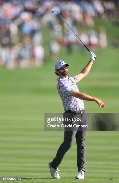 Adam Hadwin of Canada plays his second shot on the 18th hole during the third round of THE PLAYERS Championship on THE PLAYERS Stadium Course at TPC...
