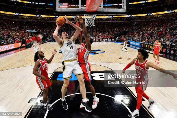 Zach Edey of the Purdue Boilermakers shoots against the Ohio State Buckeyes during the second half in the semifinals of the Big Ten Tournament at...