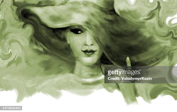 stockillustraties, clipart, cartoons en iconen met monochrome illustration of a young woman in a wide-brimmed hat in a glamorous style - hoed met rand