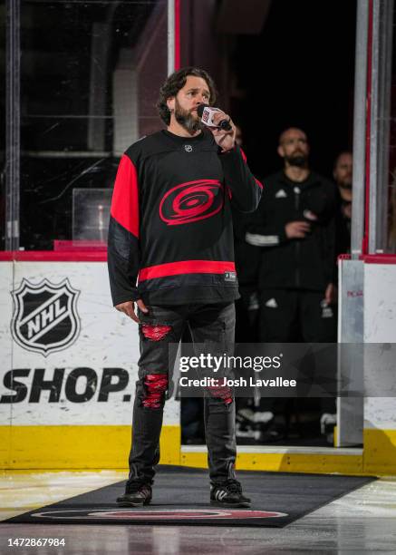 General view during the anthem prior to the game between the Carolina Hurricanes and the Vegas Golden Knights at PNC Arena on March 11, 2023 in...