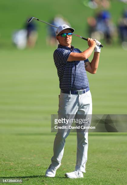 Rickie Fowler of The United States plays his second shot on the 18th hole during the third round of THE PLAYERS Championship on THE PLAYERS Stadium...