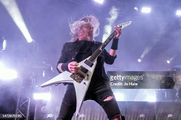 Michael Paget of Bullet For My Valentine performs on stage at The Roundhouse on March 11, 2023 in London, England.