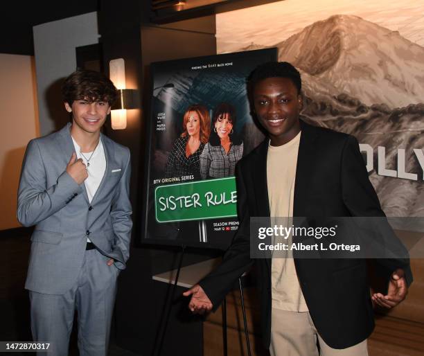 Ayden Mekus and Devon Weetly attend the premiere party For "Sister Rules" held at Talaria Private Theater on March 10, 2023 in Burbank, California.