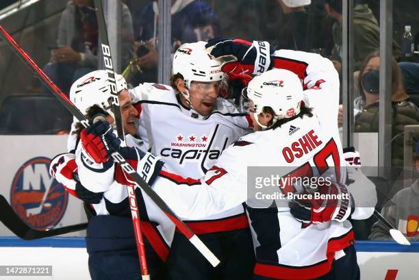 Dylan Strome of the Washington Capitals celebrates his first period goal against the New York Islanders at the UBS Arena on March 11, 2023 in Elmont,...