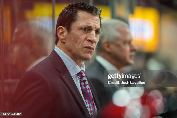 Head coach Rod Brind'Amour of the Carolina Hurricanes is seen on the bench during the second period against the Vegas Golden Knights at PNC Arena on...