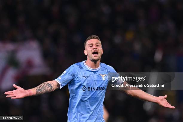 Sergej Milinković-Savić of SS Lazio reacts during the Serie A match between Bologna FC and SS Lazio at Stadio Renato Dall'Ara on March 11, 2023 in...