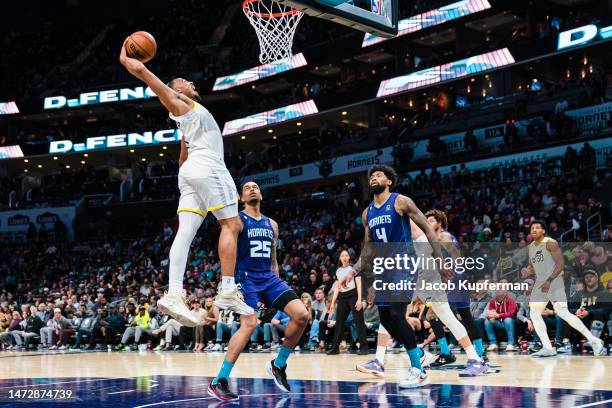 Talen Horton-Tucker of the Utah Jazz dunks the ball in the second quarter during their game against the Charlotte Hornets at Spectrum Center on March...