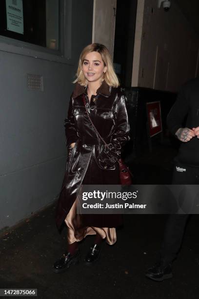 Jenna Coleman is seen leaving "Lemons Lemons Lemons Lemons Lemons" at the Harold Pinter Theatre on March 11, 2023 in London, England.