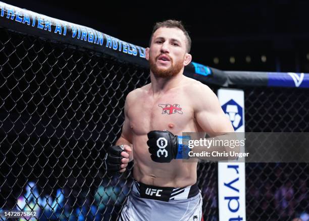 Merab Dvalishvili of Georgia prepares to fight Petr Yan of Russia in a bantamweight fight during the UFC Fight Night event at The Theater at Virgin...